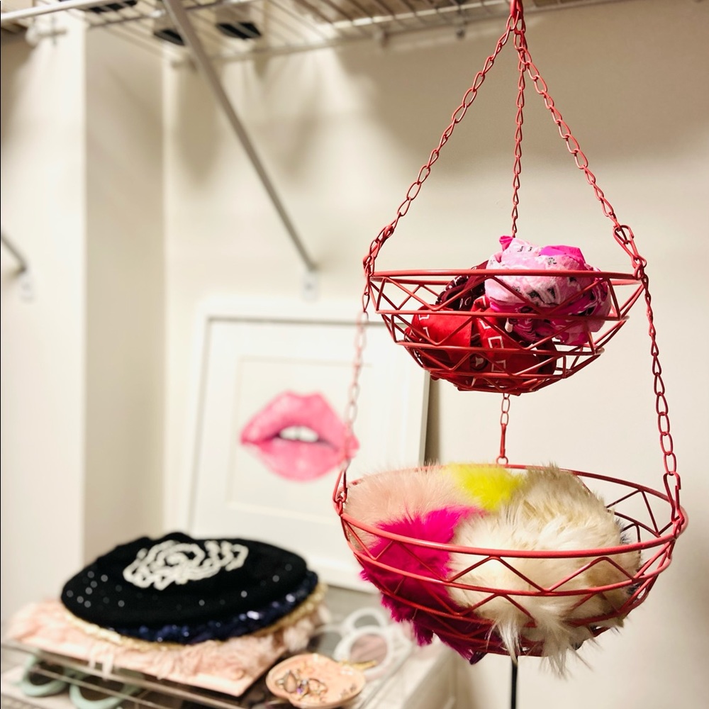 Hanging Two-Tier Metal Storage Basket in Pink